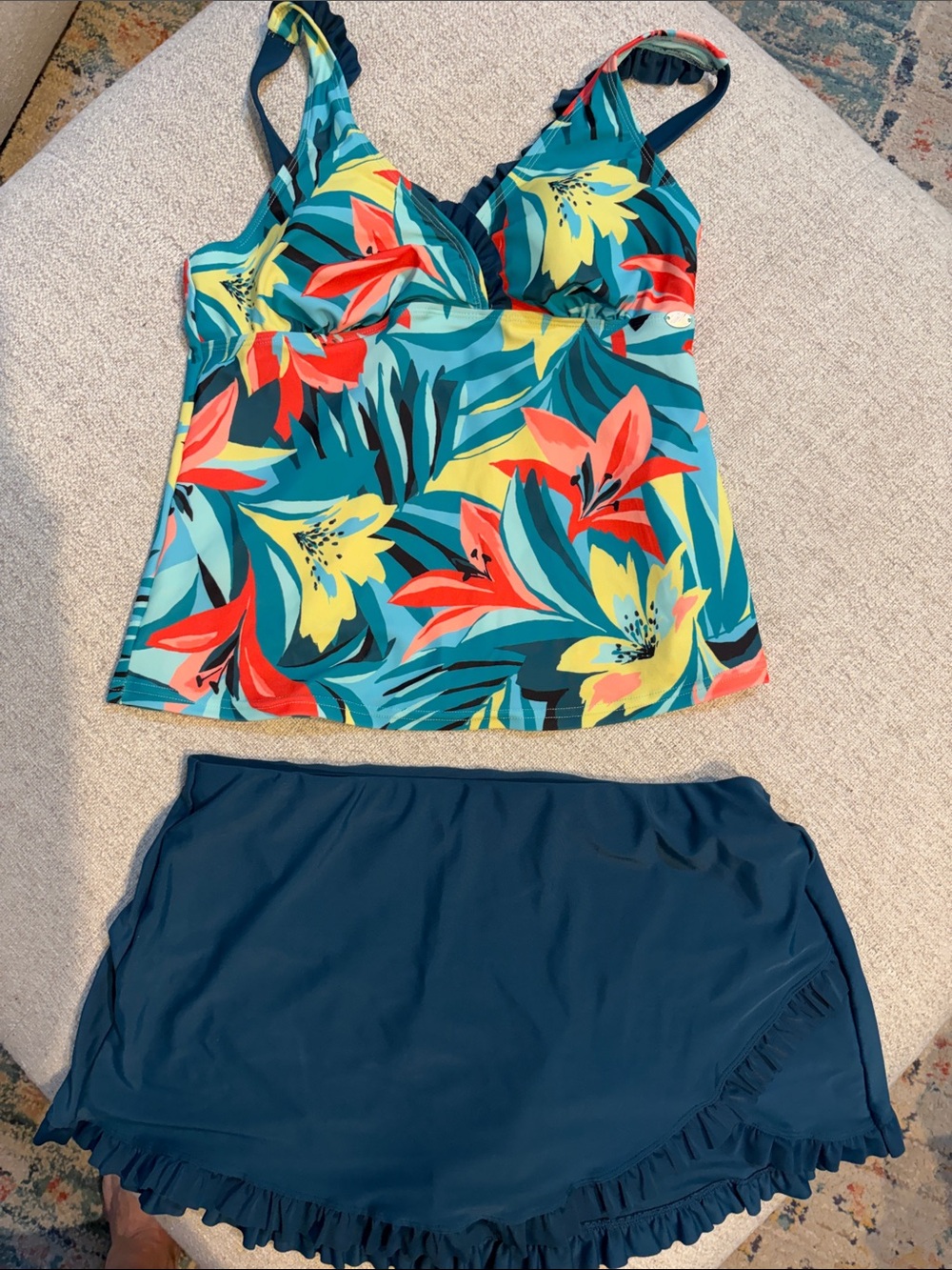 ZeroXposur Teal Floral Tankini Top & Navy Swim Skirt
